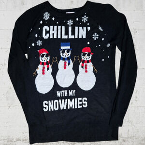 Black Chillin With My Snowmies Crewneck Pullover Knitted Winter Sweater Size XS